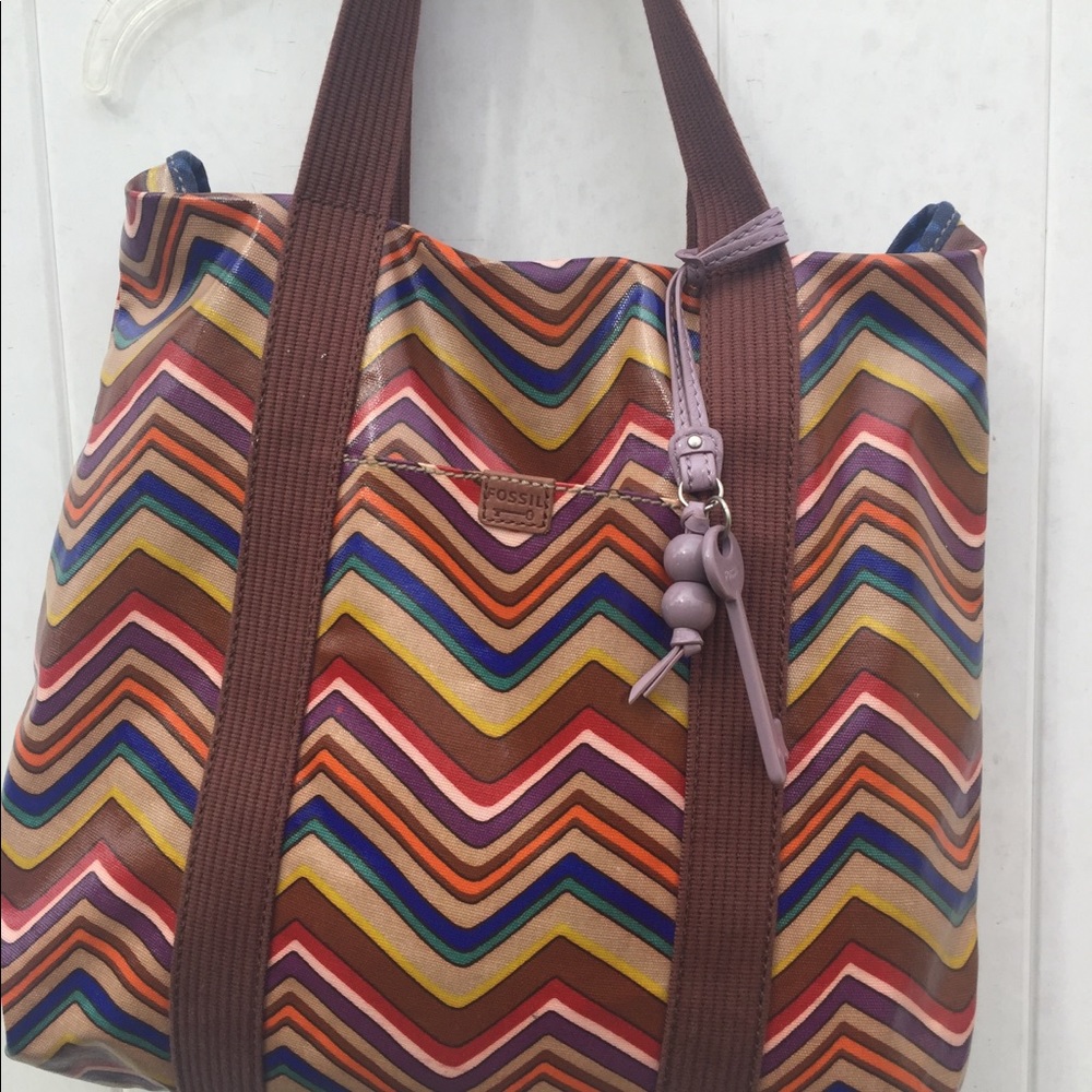 Fossil canvas tote bag key per stripe zip zag